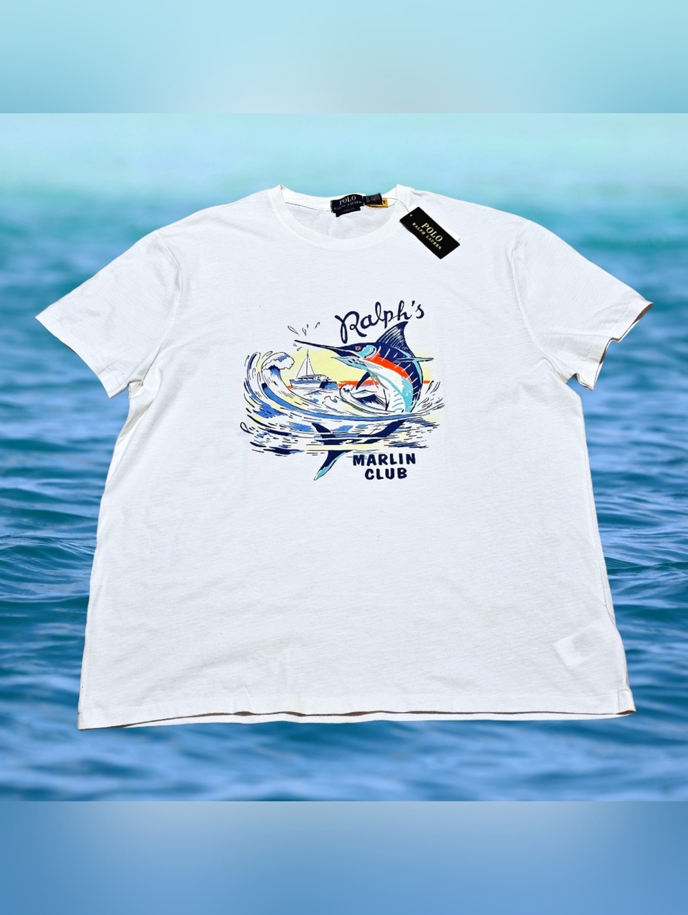Ralph Lauren White Graphic 'Marlin Club' Short Sleeve Tee